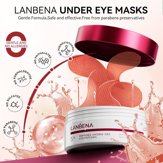 LANBENA Peptides Hydra-Gel Eye Patches for Dark Circles and Puffy Eyes, Reduce Under Eye Bags and Smooth Wrinkles, Anti-Aging, Eye Skin Care Pads With Soluble Collagen and Peptides-30 Pairs (60pcs)