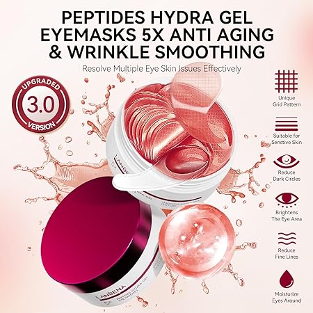 LANBENA Peptides Hydra-Gel Eye Patches for Dark Circles and Puffy Eyes, Reduce Under Eye Bags and Smooth Wrinkles, Anti-Aging, Eye Skin Care Pads With Soluble Collagen and Peptides-30 Pairs (60pcs)